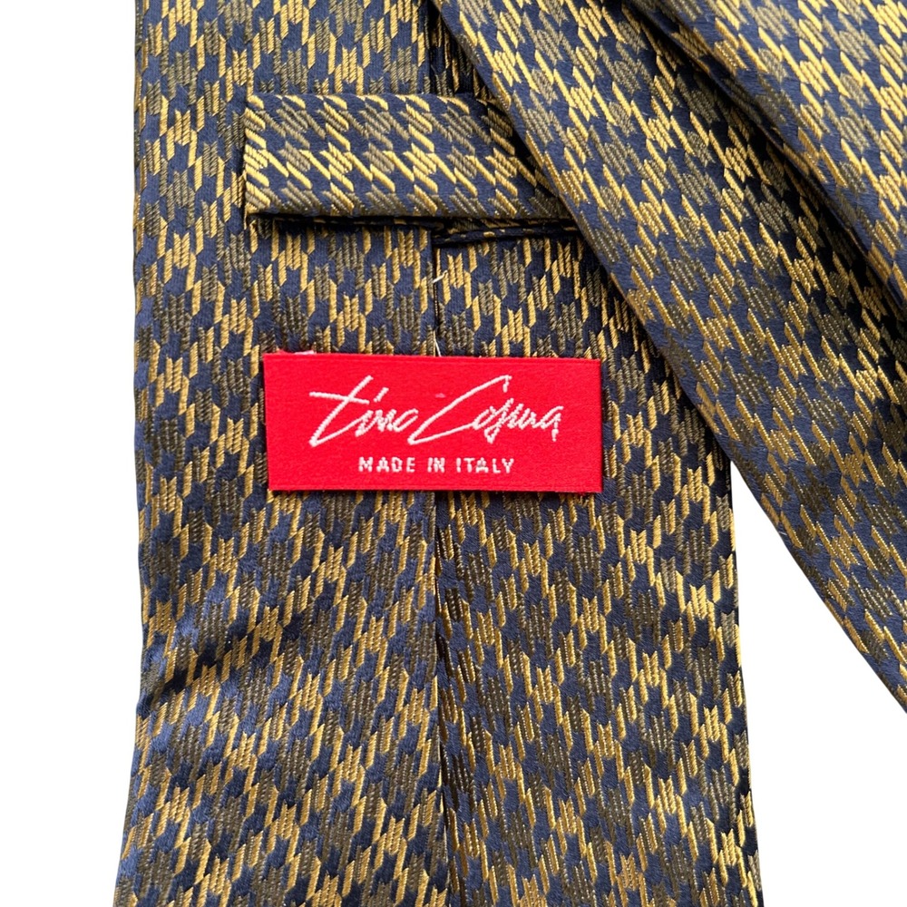Tino Cosma Necktie Mens OS Gold Navy Houndstooth Silk Made in Italy Classic Tie